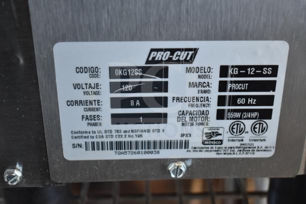 Pro-Cut OKG12SS commercial meat grinder label, 115V, 1-phase, 8A. Displays model, voltage, and certifications.