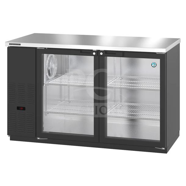 Brand new Hoshizaki BB59-G bar refrigerator, 59.5", 2 glass doors, 115V, 1 phase, minor scratches and dents, sleek design.