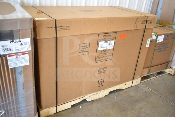 Brand new Hoshizaki BB59-G bar refrigerator in box, 59 1/2", with 2 glass doors, 115V, 1 phase, scratch and dent condition.
