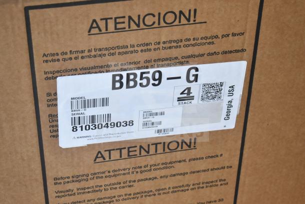 Brown box with label showing model "BB59-G," serial number 8103049038, and instructions. Hoshizaki brand, 115V, 1 phase.