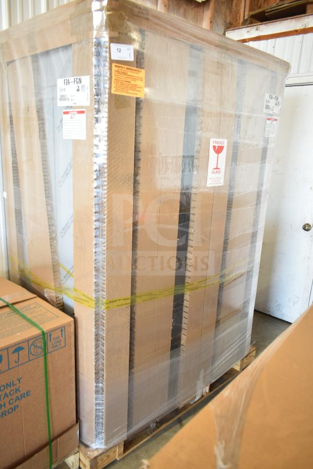 Brand new 2022 Hoshizaki F2A-FGN freezer, two-section upright with full glass doors, in packaging. Labels indicate scratch and dent.