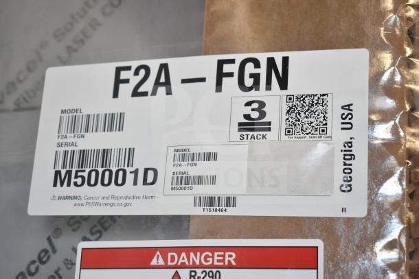 Label for Hoshizaki F2A-FGN freezer, model number and serial visible, includes warning and QR code, marked "3 Stack".