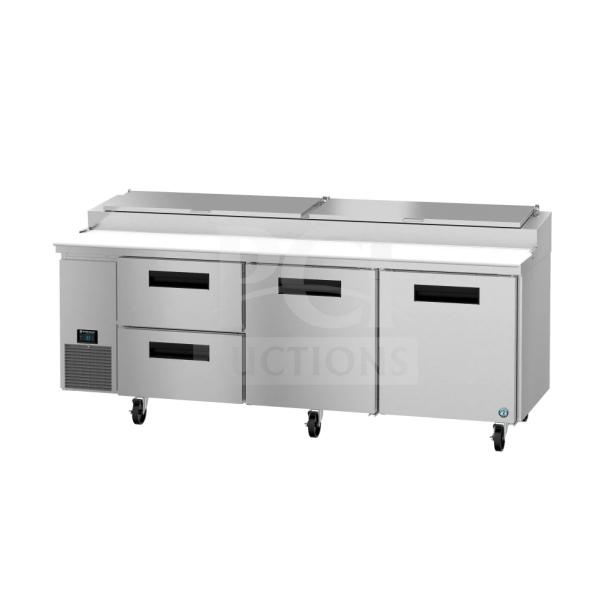 Brand new Hoshizaki PR93A-D2 refrigerator, 2022 model. Three-section pizza prep table with drawer/door combo. 115V, 1 Phase.