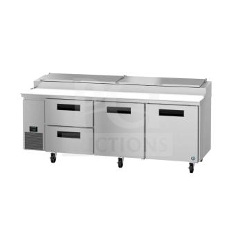 Brand new Hoshizaki PR93A-D2 refrigerator, 2022 model. Three-section pizza prep table with drawer/door combo. 115V, 1 Phase.