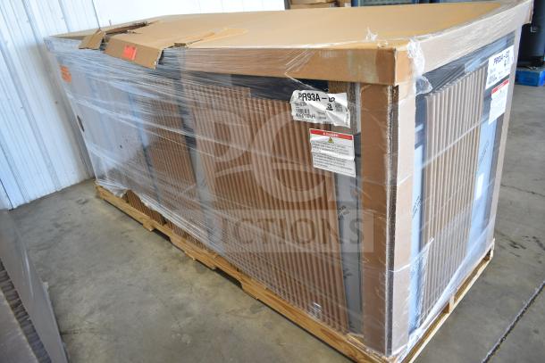 Brand new 2022 Hoshizaki PR93A-D2 refrigerator, three-section pizza prep table, wrapped on pallet with visible model label.