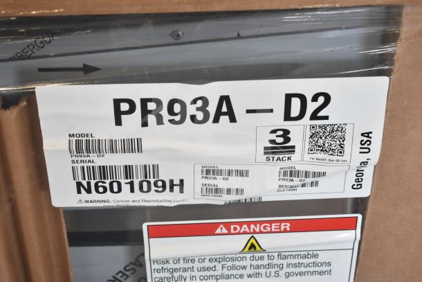 Brand new 2022 Hoshizaki PR93A-D2 refrigerator label shows model info and warnings, indicating a three-section pizza prep table.