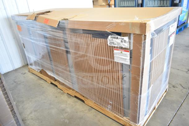 Brand new Hoshizaki PR93A-D2 refrigerator, three-section pizza prep table in original packaging, visible scratch and dent.