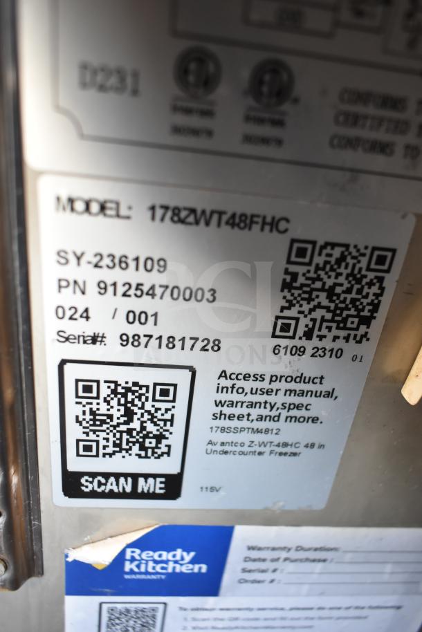Avantco 178ZWT48FHC 48" worktop freezer label, shows QR code for manual access, 115V input, model and serial numbers.
