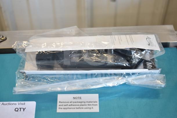 Brand new Avantco 177PG200 Panini Sandwich Grill, grooved plates, 13 3/8" x 8 3/4" surface, packaged with notice label.