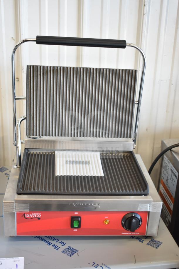 BRAND NEW 2023 Avantco 177PG200 Panini Grill with grooved plates, 13 3/8" x 8 3/4" surface, 120V, 1 Phase, scratch and dent.