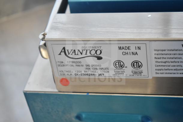 BRAND NEW 2023 Avantco 177PG200 Commercial Panini Grill, grooved plates, 13 3/8" x 8 3/4" surface, 120V, 1 Phase.