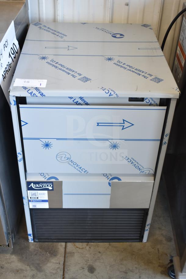 Brand new Avantco 194EUCF130A undercounter ice machine, 134 lb. capacity, 44 lb. bin, 115 volts, 1 phase, wrapped in protective film.