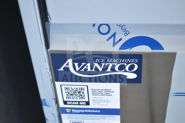 "Avantco 194EUCF130A ice machine label showing model, specs, and QR code for user manual and info."