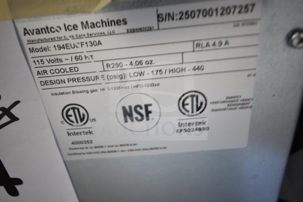 Avantco 194EUCF130A Ice Machine label, model details, NSF and ETL certifications, 115 Volts, air-cooled, 2025 model.