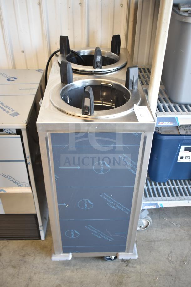 BRAND NEW Delfield CAB2-1013ET heated mobile dish dispenser, 32 1/4", dual columns on casters, 120V, scratch-and-dent condition.