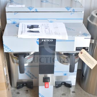Brand new 2024 Fetco CBS-2232 commercial coffee maker, high-volume, thermal, shows light scratches, 208-240V, 1 phase.