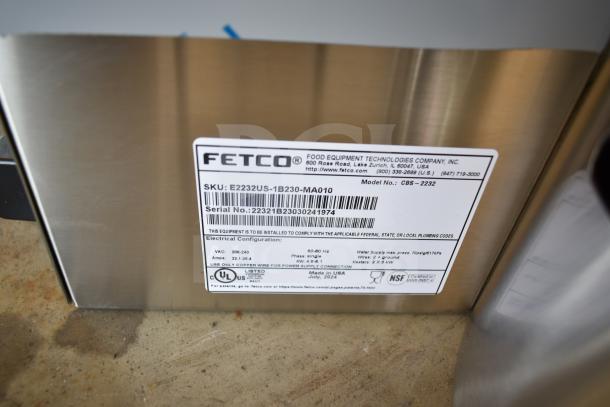BRAND NEW 2024 Fetco CBS-2232 Thermal Coffee Maker, 208-240V, 1 Phase. Scratch and dent condition. Visible label details model and specs.