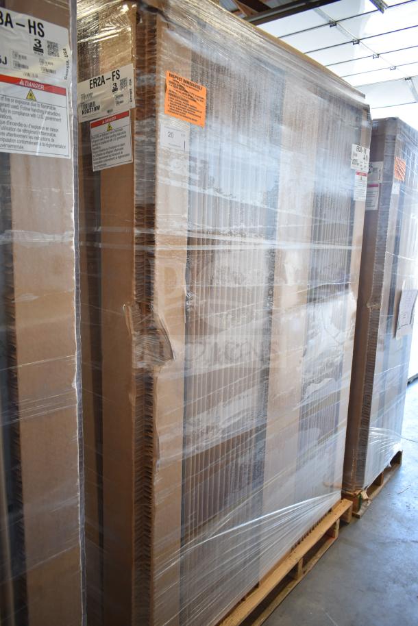 Brand new Hoshizaki ER2A-FS commercial refrigerator, 54 3/8", two sections, left/right hinge doors, scratch and dent, wrapped.