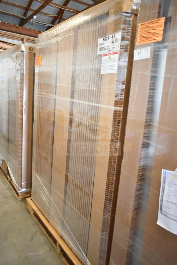 Brand new 2020 Hoshizaki ER2A-FS refrigerator, 54 3/8", two solid doors, in original packaging with visible model label. 115V, 1 phase.