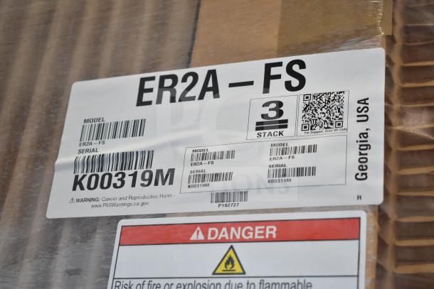 Label on new Hoshizaki ER2A-FS commercial refrigerator. Model: ER2A-FS, Serial: K00319M. Warning info visible.
