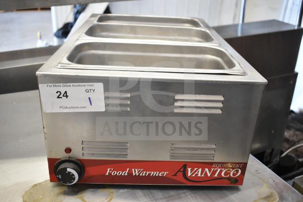 Avantco 177W50 countertop food warmer in stainless steel with three compartments. Features adjustable dial, 120V, 1 Phase. Marked 24 QTY 1.