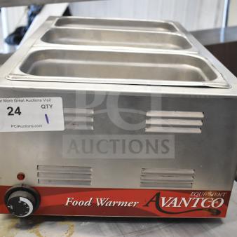 Avantco 177W50 countertop food warmer in stainless steel with three compartments. Features adjustable dial, 120V, 1 Phase. Marked 24 QTY 1.