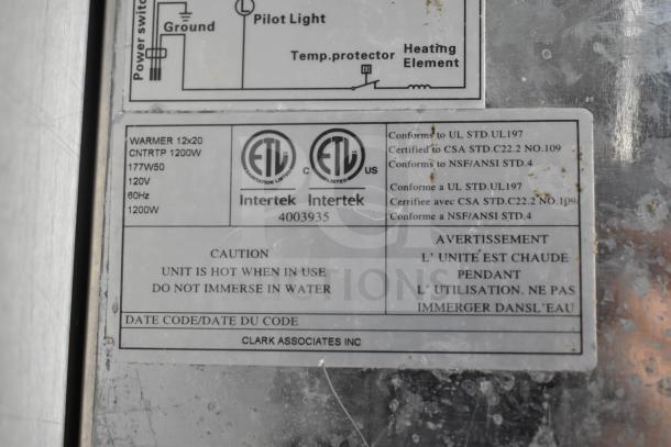 Avantco 177W50 Countertop Food Warmer label showing 120V, 1200W specs. Conforms to UL, CSA, NSF/ANSI standards.