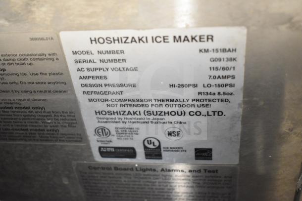 Hoshizaki KM-151BAH Ice Machine label showing model info, voltage (115V), phase (1), refrigerant (R134a), and certifications.