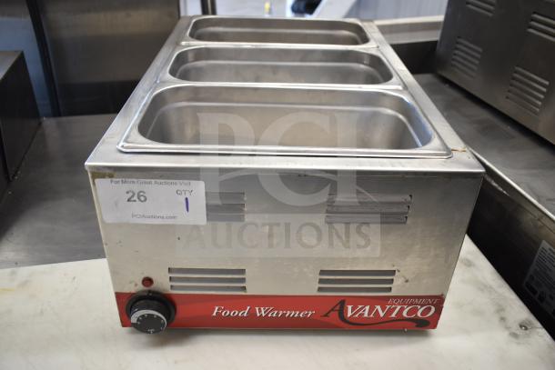 Avantco countertop food warmer, stainless steel, 120 volts, 1 phase, used condition with visible auction tag "26 QTY 1".