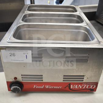 Avantco countertop food warmer, stainless steel, 120 volts, 1 phase, used condition with visible auction tag "26 QTY 1".