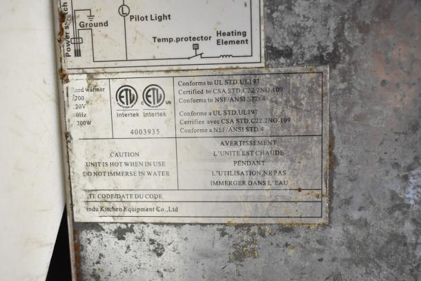 Avantco countertop food warmer label, 120 volts, 1 phase. Conforms to UL STD. UL197. Warning: Hot when in use.