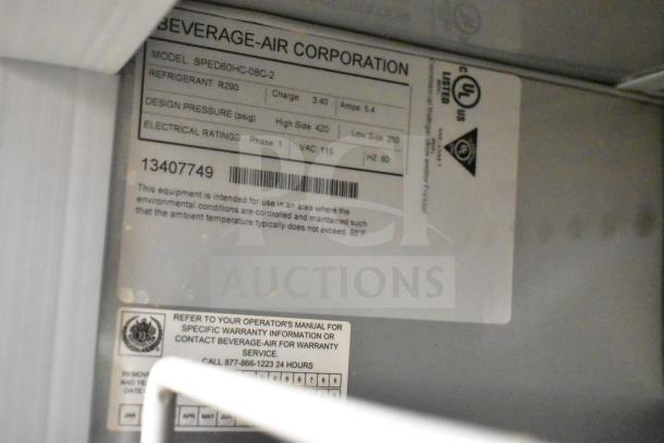 Beverage Air SPED60HC-08C-2 label showing model, electrical ratings, and UL certification details.