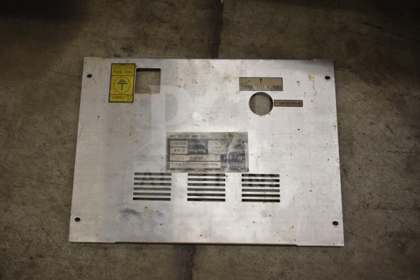 Metal plate for VacMaster VP-215 vacuum sealer. Features "Drain Oil Here" and "120V 60Hz" labels. Visible wear and scratches.