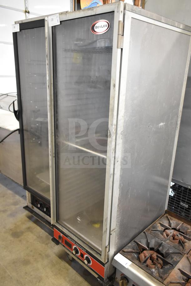 2024 BevLes HPIC-3836 commercial heated holding cabinet on casters, 120 volts, 1 phase; features dual glass doors and control panel.