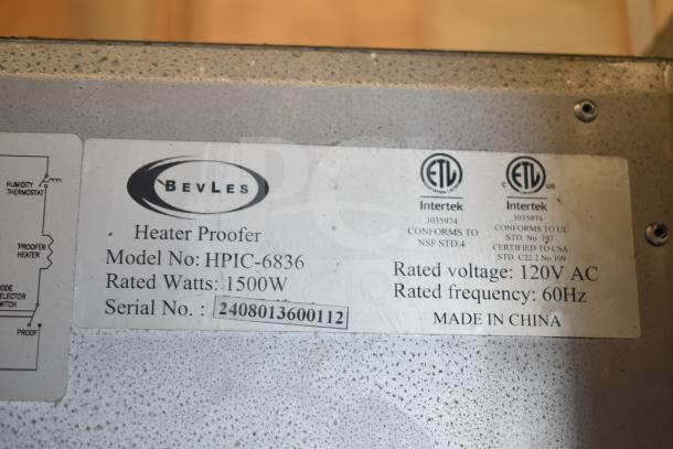 BevLes HPIC-3836 commercial heated holding cabinet label showing 120V, 1500W, and certifications. Serial No: 2408013600112.