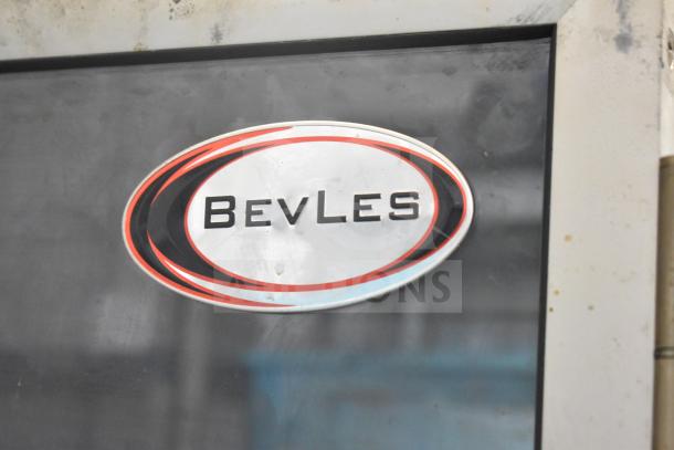 BevLes HPIC-3836 commercial heated holding cabinet logo on a stainless steel surface, indicating brand.