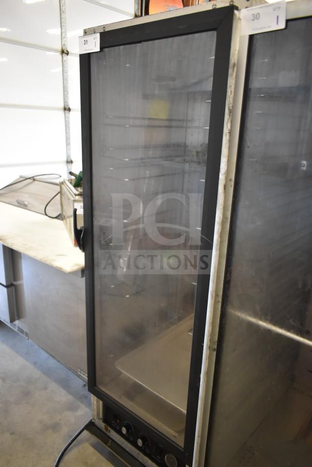 Cres Cor 121PHUA11D heated holding cabinet, glass door, commercial casters, 120V, visible control panel.