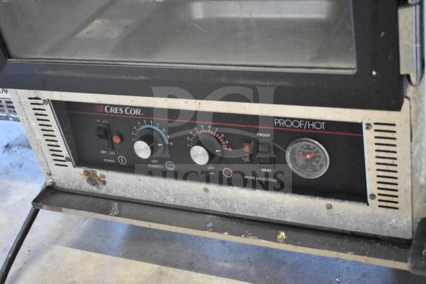 Cres Cor 121PHUA11D heated holding cabinet, commercial casters, 120V, 1 Phase, proof/hot controls, visible wear.