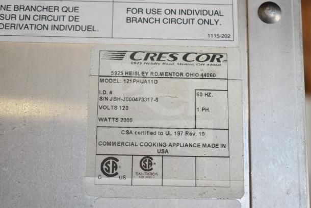 Cres Cor 121PHUA11D heated holding cabinet label, 120V, 1 Phase, 2000W, CSA certified, commercial appliance.