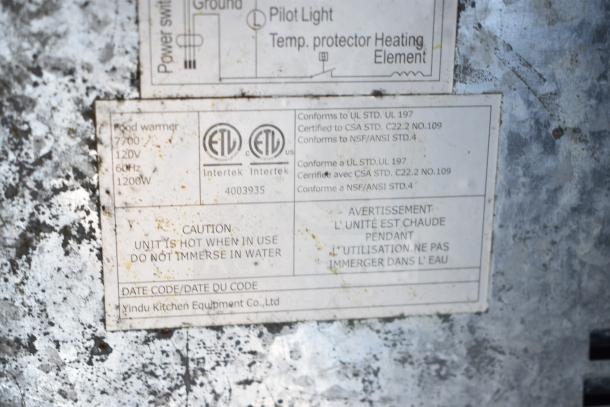 Avantco 7700 Commercial Countertop Food Warmer, 120V, 1 Phase. Label shows safety warnings and certification markings.