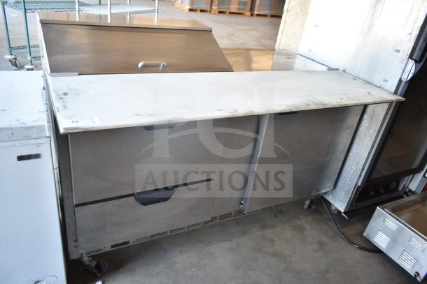 Beverage Air SPED60HC-08C-2 60" sandwich prep table; 1 door, 2 drawers, cutting top, commercial casters, stainless steel.