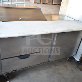 Beverage Air SPED60HC-08C-2 60" sandwich prep table; 1 door, 2 drawers, cutting top, commercial casters, stainless steel.
