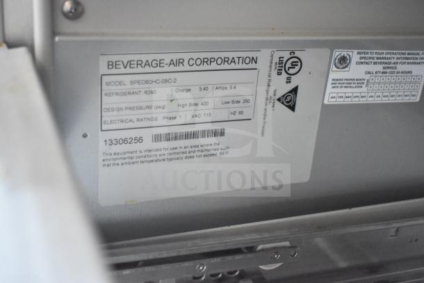 Beverage Air SPED60HC-08C-2 tag showing model, refrigerant R290, electrical ratings, and UL certification details.