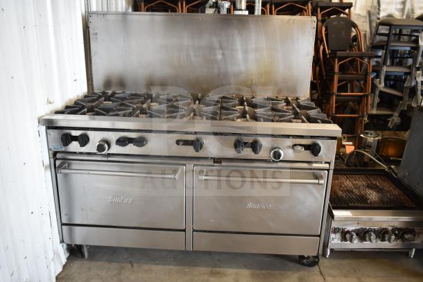 Garland SunFire X60-10RR 10-burner range with 2 ovens, backsplash, commercial casters. Propane gas. Used condition.