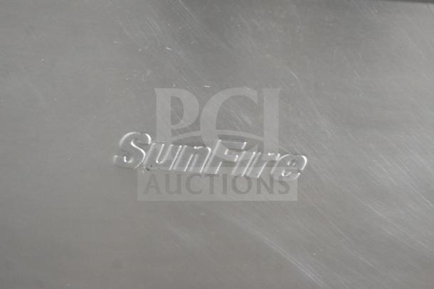 "SunFire" logo embossed on stainless steel surface of Garland X60-10RR commercial propane gas range.