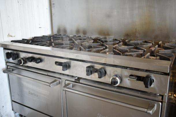 Garland SunFire X60-10RR commercial propane range with 10 burners, 2 ovens, backsplash, on casters; used condition.