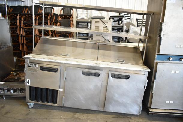 2016 Leader LM72 S/C Commercial Sandwich Salad Prep Table, stainless steel, 2-tier shelf, 115V, 1 phase, used condition.