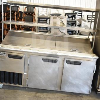 2016 Leader LM72 S/C Commercial Sandwich Salad Prep Table, stainless steel, 2-tier shelf, 115V, 1 phase, used condition.
