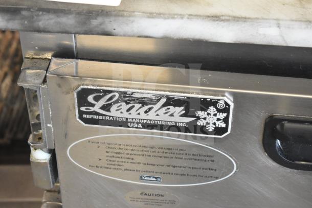 Stainless steel Leader LM72 S/C commercial prep table with label, model details, and care instructions visible; excellent condition.