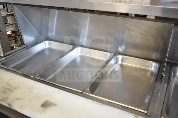 2016 Leader LM72 S/C Commercial Sandwich Prep Table with Bain Marie, Mega Top, and 2-Tier Over Shelf. Stainless steel, 115V, 1 Phase.